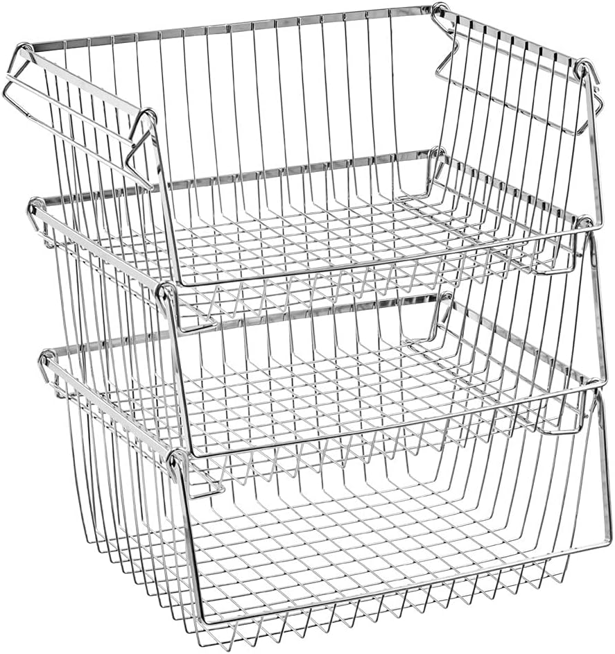 SANNO 14" Stacking Baskets Bin Wire Storage Baskets Organization Farmhouse Scoop Baksket for Pantry, Kitchen, Closets, Bathroom, Cabinets, Kitchen, Narrow, Set of 3