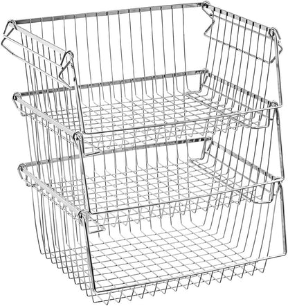 SANNO 14" Stacking Baskets Bin Wire Storage Baskets Organization Farmhouse Scoop Baksket for Pantry, Kitchen, Closets, Bathroom, Cabinets, Kitchen, Narrow, Set of 3