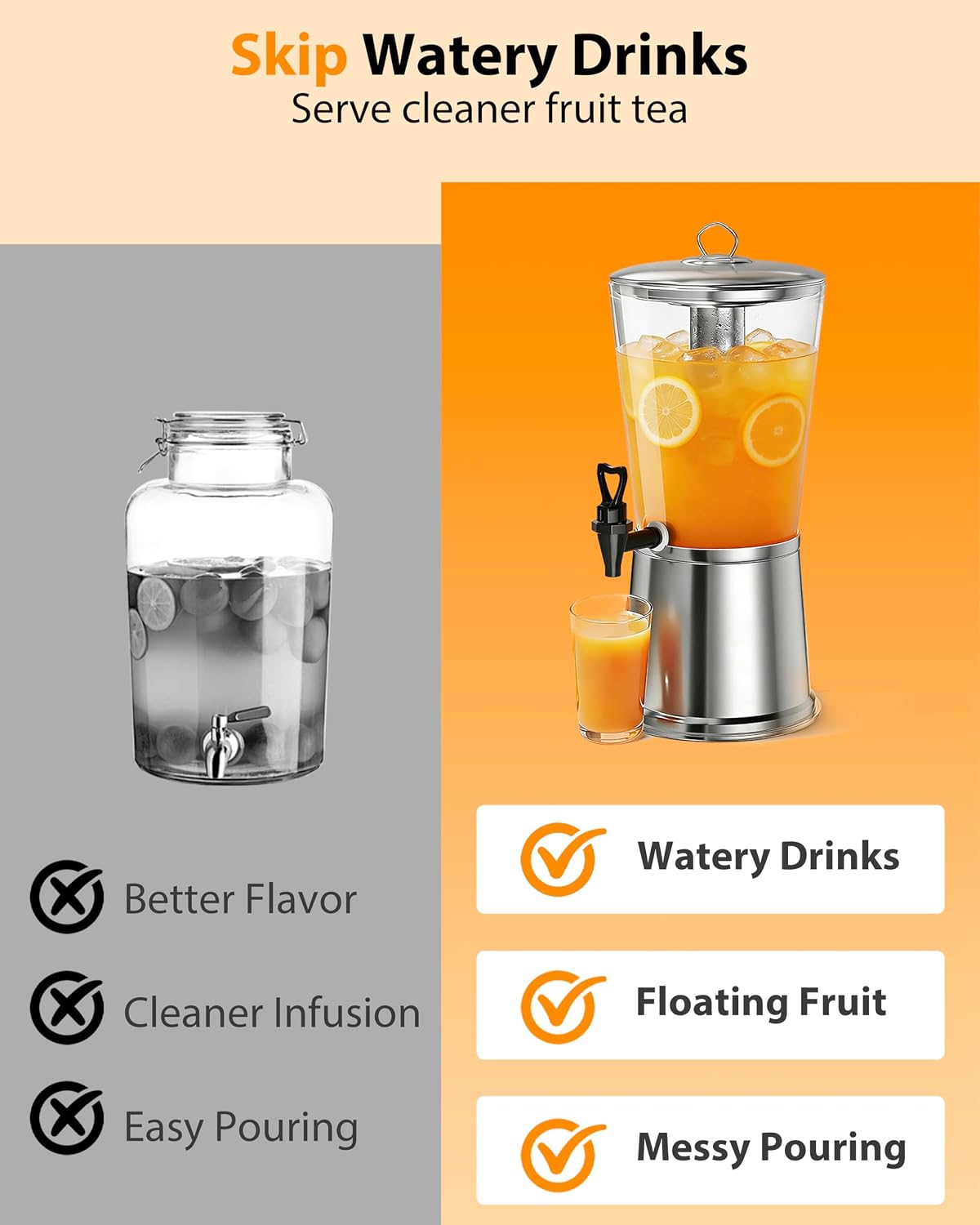 Beverage Dispenser with Stand, 3 Gallon Drink Dispenser for Parties,Events,Buffet &Self-Serve,Dual Ice Tube Core Fruit Infuser,Leakproof Spigot,Clear PC Container, Stainless Steel Lid&Base