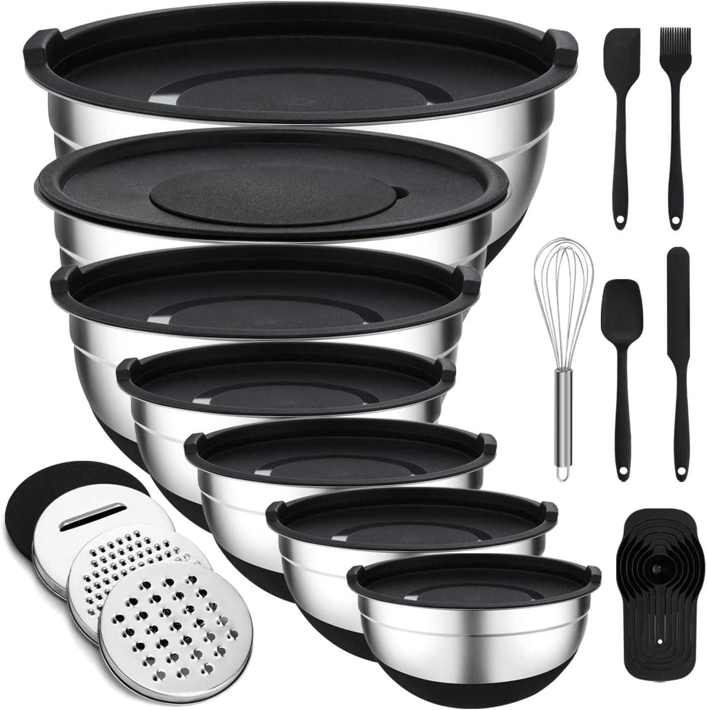 Unokit Mixing Bowls with Lids Set - 7 Pcs Stainless Steel Mixing Bowls Non-Slip Silicone Base Mixing Bowl Set for Kitchen with 3 Grater Attachments