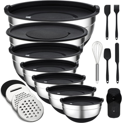 Unokit Mixing Bowls with Lids Set - 7 Pcs Stainless Steel Mixing Bowls Non-Slip Silicone Base Mixing Bowl Set for Kitchen with 3 Grater Attachments