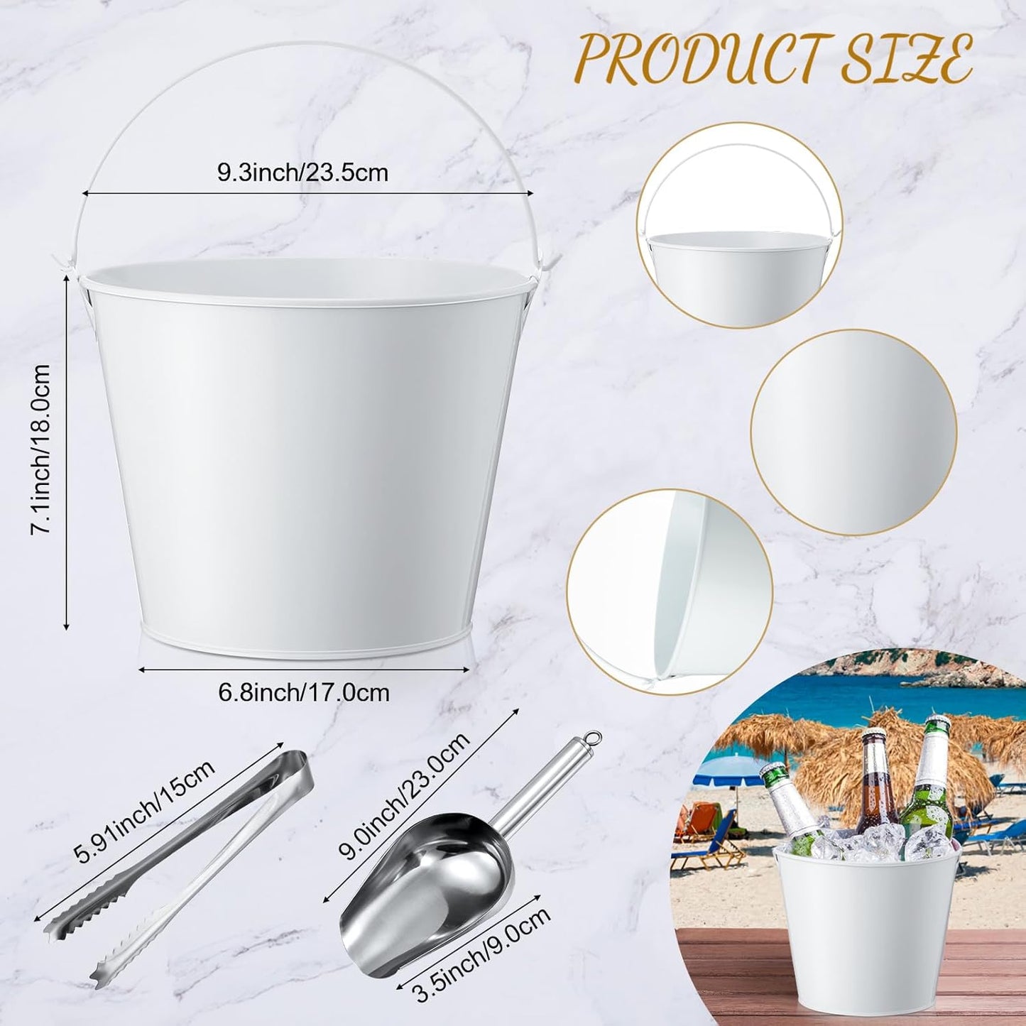 Zopeal 12 Pcs Galvanized Beer Bucket Set, Includes 8 Metal Ice Buckets 5qt with 2 Scoops & 2 Tongs, Round Slive Pails Bulk for Weddings Birthday Beach Pool Party Supplies Summer Table Centerpieces