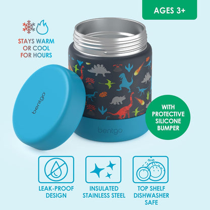 Bentgo Kids Stainless Steel Food Jar - 11oz Leak-Proof Double Insulated Hot or Cold Food Container with Removable Silicone Bumper, Dishwasher Safe, Easy Open Lid, Ages 3+ (Trucks)