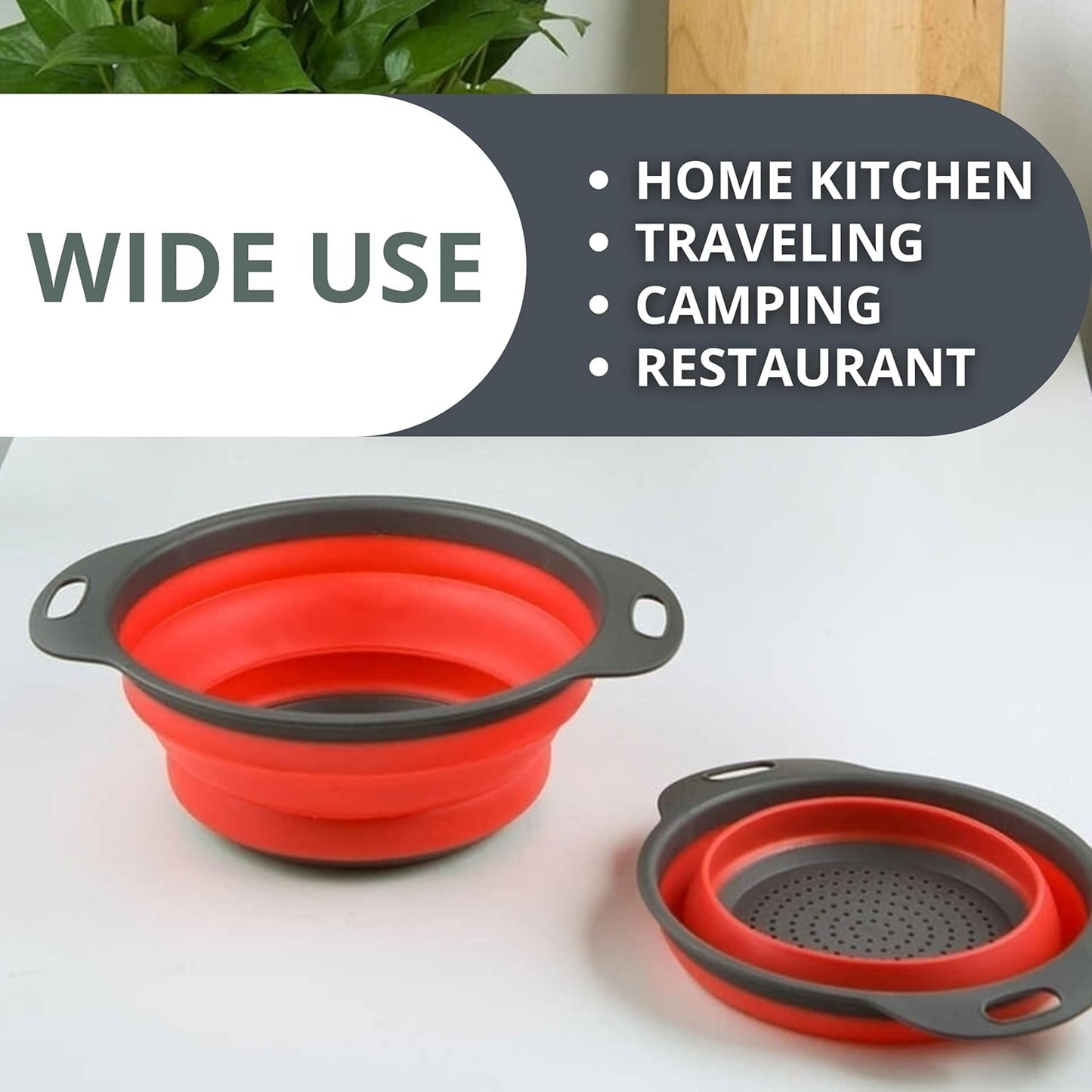 3PCS Green Foldable Kitchen Strainer Set – Silicone Colander Collapsible Strainers and Colanders Green Collander for Kitchen Collapsible Compact Drain Tools for Cooking Prep