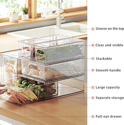 Mano Stackable Fridge Drawers Pull Out Bins with Handle Clear Refrigerator Drawers Organizer Food Storage Container Box with Dividers Plastic Produce Saver for Pantry, Cabinet, Kitchen, Clothes（7Pack）