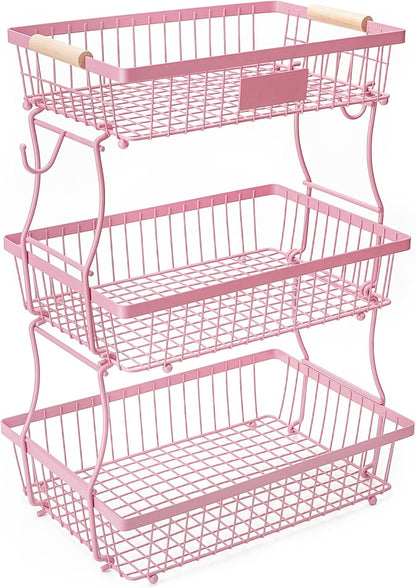 Fruit Basket Bowl 2 Tier Detachable with 2 Banana Hangers, Fruit Stand Holder for Kitchen Countertop, Metal Wire Vegetable Storage Organizer, for Bread Snack Veggies Produce, Black