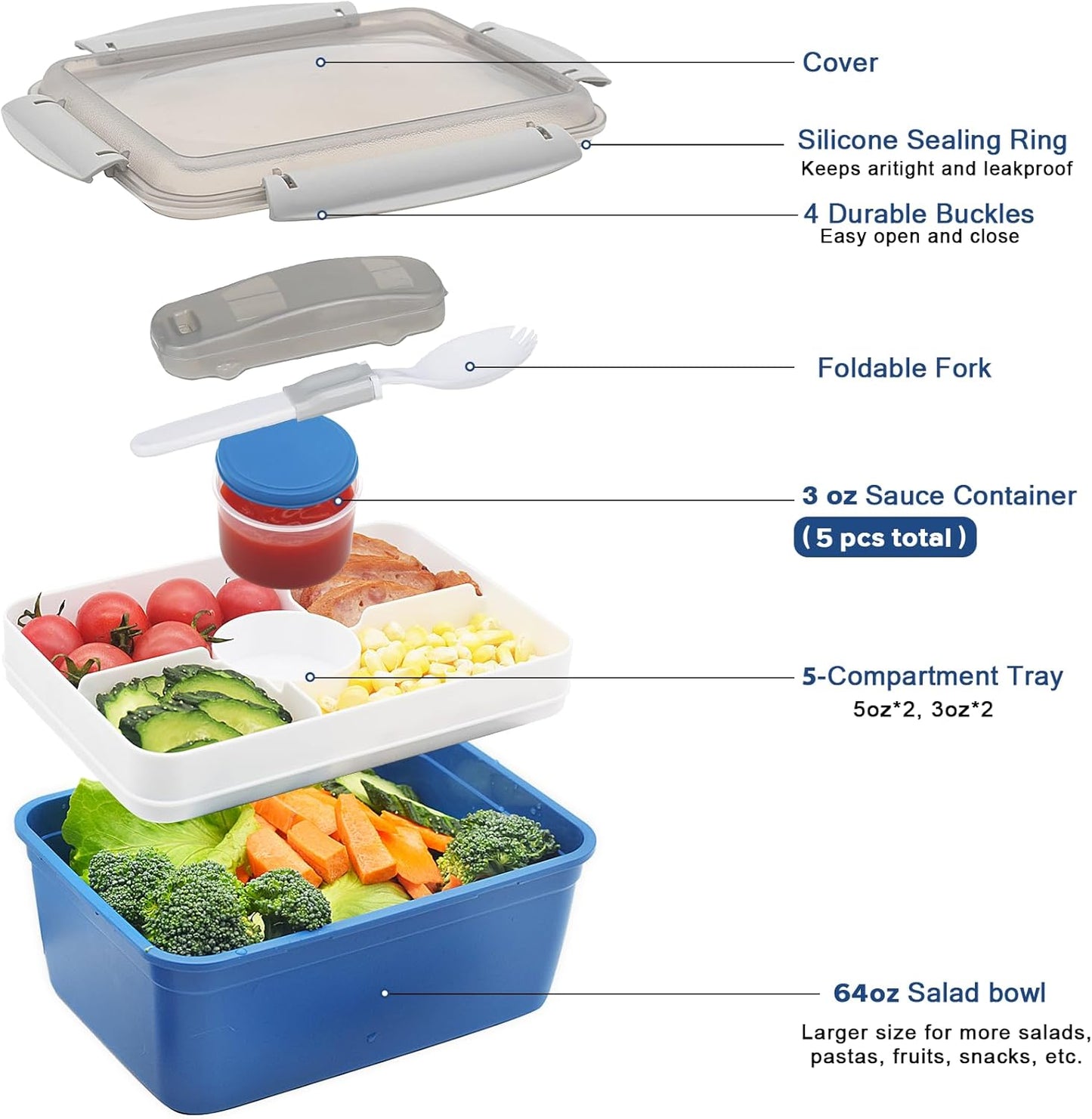 3 Pack Salad Lunch Box Food Storage Containers, 47oz Bento Box To Go Container with Lids, Reusable Meal Prep Containers with Removable Tray & Dressing Pots for Kids and Adults, Microwave Safe