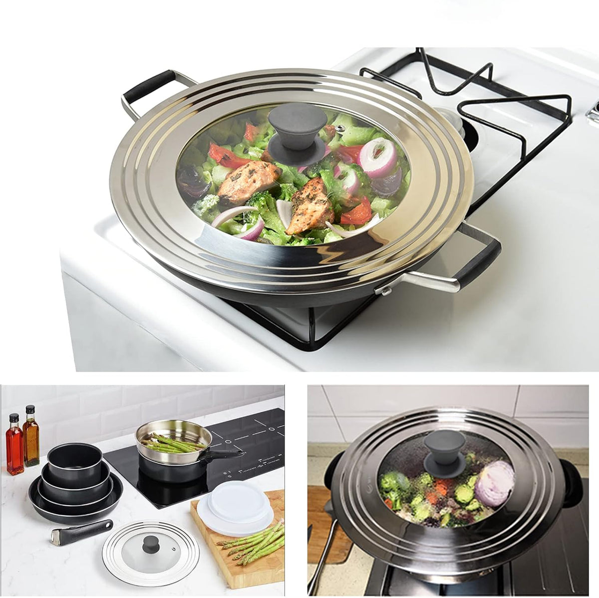 Universal Pans Pots Lid Cover Fit All 8.25 Inch to 12 Inch Pots/Pans/Woks Stainless Steel and Glass Lid with Heat Resistant Knob, Black