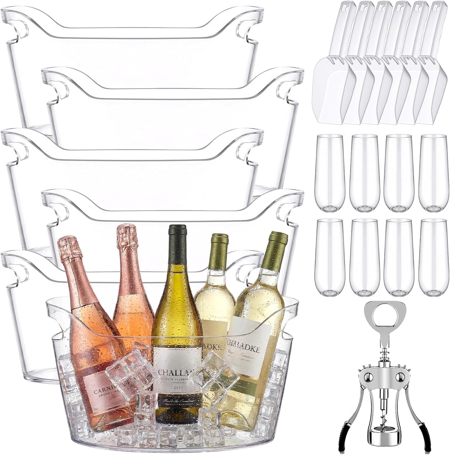 4 Pack 6.5L Clear Ice Buckets for Parties, Large Plastic Beverage Tub Set with Scoops, Champagne Flutes & Wine Opener, Portable Drink Cooler Champagne Bucket for Beer & Mimosa Bar Supplies