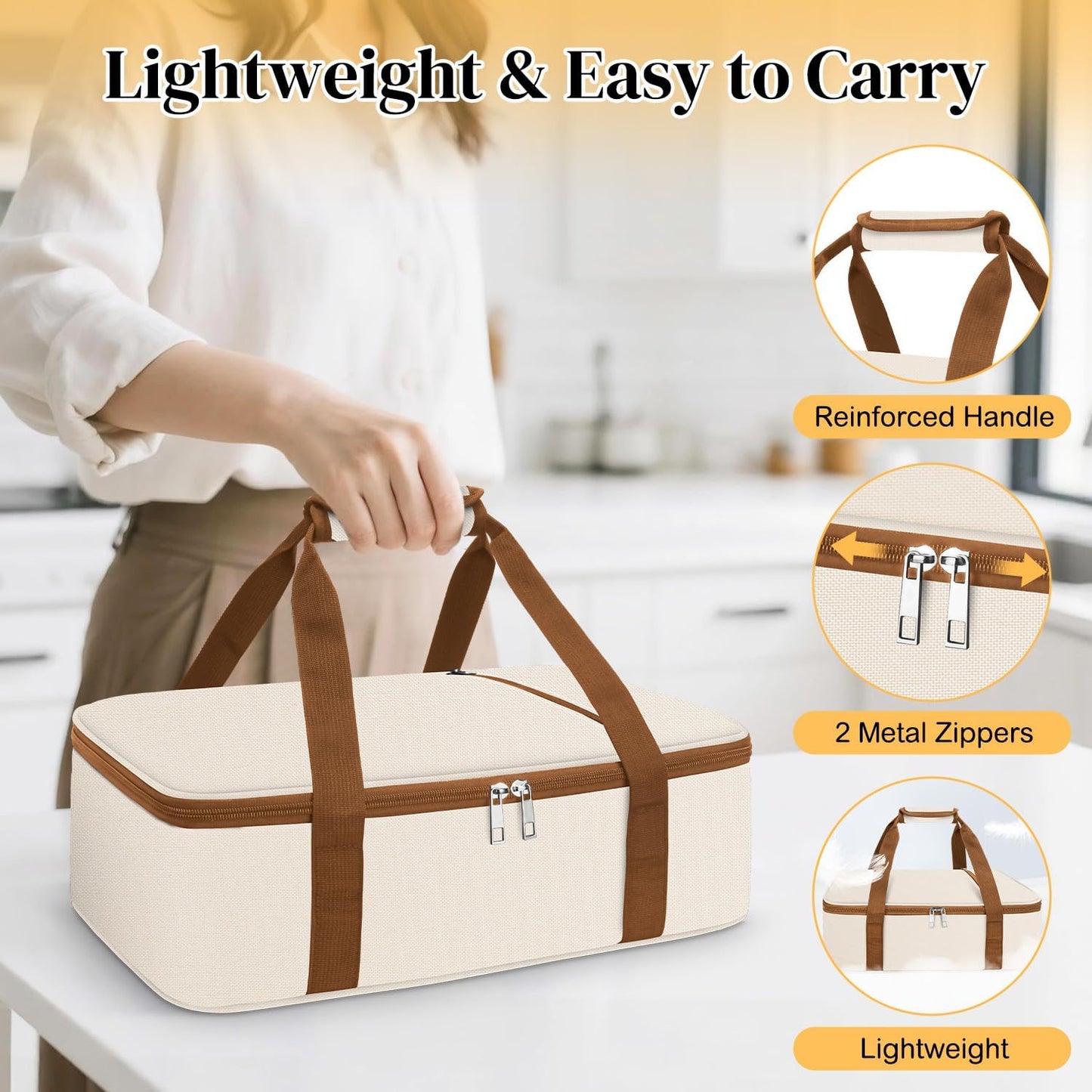 Coobiiya Insulated Casserole Carrier,Lasagna Lugger Tote Keeps Food Hot or Cold,Thermal Lunch Bag Warmer & Cooler Carrier Bag,Portable Tote Bag Fits 9" x 13" Baking Dish for Picnic and Cookout
