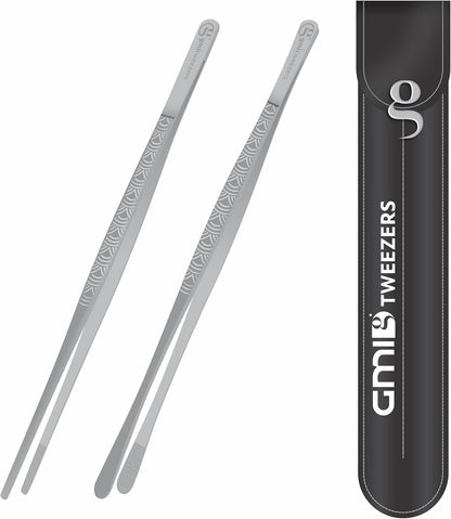 GMI Kitchen Tweezers Tongs 2PCS 12 Inch – Stainless Steel Cooking Tweezers with Serrated Tips, Precision Chef Tongs for BBQ, Grill, Pasta, Salad & Food Plating