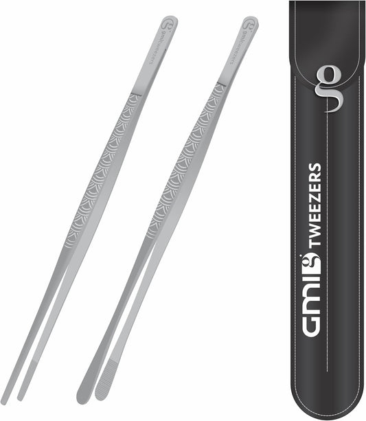 GMI Kitchen Tweezers Tongs 2PCS 12 Inch – Stainless Steel Cooking Tweezers with Serrated Tips, Precision Chef Tongs for BBQ, Grill, Pasta, Salad & Food Plating