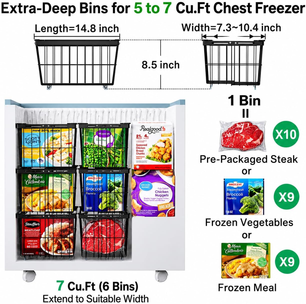 iSPECLE Freezer Organizer Bins - 3 Pack Adjustable Width for 5 to 7 Cu.Ft Chest Freezers, Stackable Freezer Wire Storage Baskets for Deep Freezer Organization, Assembly Required, White