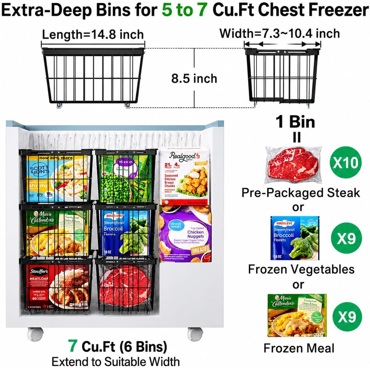 iSPECLE Chest Freezer Organizer - Adjustable Width & Extra Depth, 3 Pack | For 5-7 Cu Ft Chest Freezers, Stackable Large Freezer Organizer Bins, Easy Food Access & Organization, No Wasted Space, White