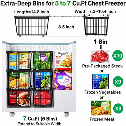 iSPECLE Chest Freezer Organizer - Adjustable Width & Extra Depth, 3 Pack | For 5-7 Cu Ft Chest Freezers, Stackable Large Freezer Organizer Bins, Easy Food Access & Organization, No Wasted Space, White
