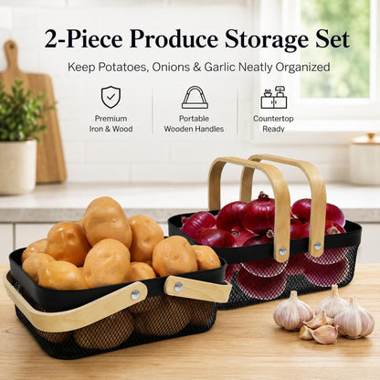 2 Set Potato and Onion Storage Bin, Fruit Basket for Kitchen Counter, Metal Wire Basket with Wooden Handle, Pantry Organizers and Storage Containers for Produce Vegetable Garlic, Black