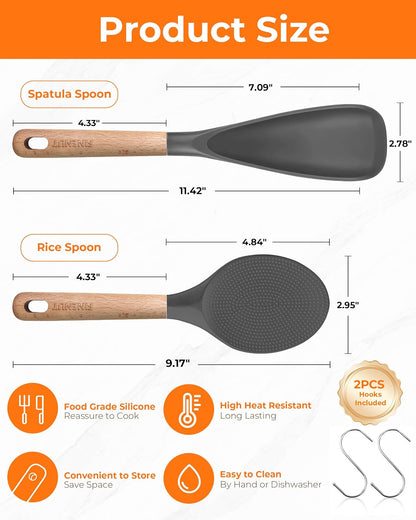 Cooking Spoon Multifunction Spoonula Silicone Spatula Spoon 2-Pack, Dual-Use Heat Resistant 446°F, BPA-Free Non-Toxic Wooden Handle Rice Spoon Set for Non-Stick Cookware & Rice Cookers (Black)