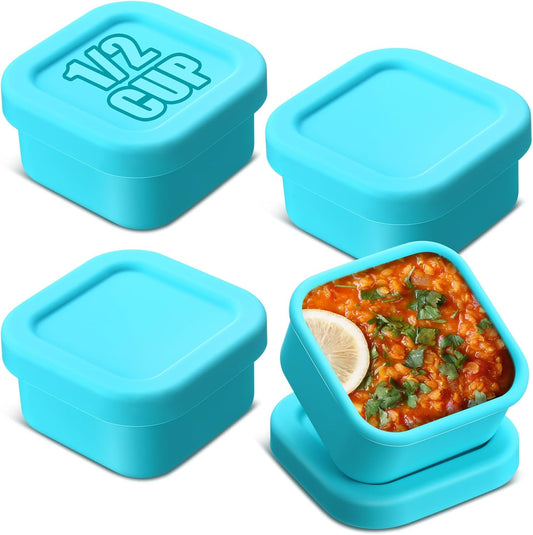 Nuogo 8 Pcs 6 Cup Silicone Freezer Trays with Lid Soup Containers Reusable Freezer Silicone Molds Rectangle Containers Ice Trays for Sauces Stews Curries, Lake Blue