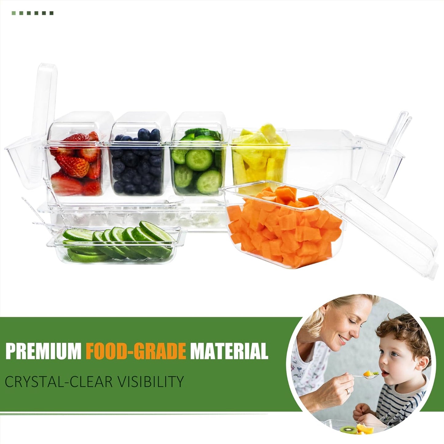 IVYHOME Chilled Condiment Server, Taco Bar Serving Set, Mimosa Bar Supplies, with 5 Lidded Containers and Detachable Ice Storage Layer, 2 Hanging Cups for Storing Tong or Forks