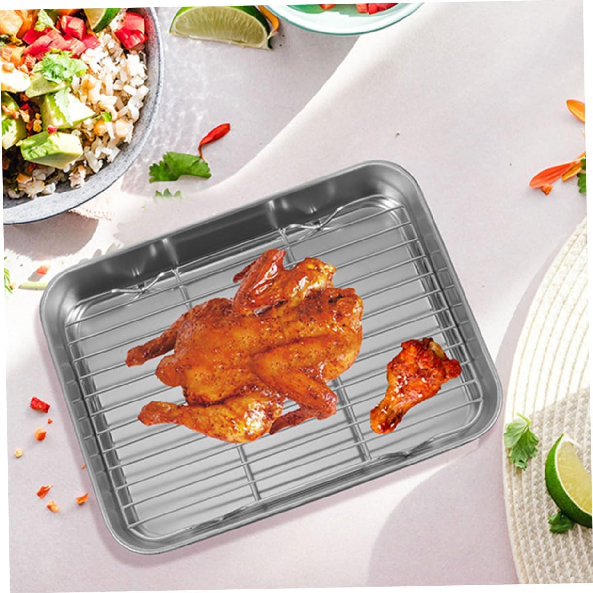 Healifty Stainless Steel Deep Kitchen Prep Tray Oil Filter BBQ Roasting Pan Set for Cooking and Baking Sturdy Food Container Rack for Grilling and Oven Use
