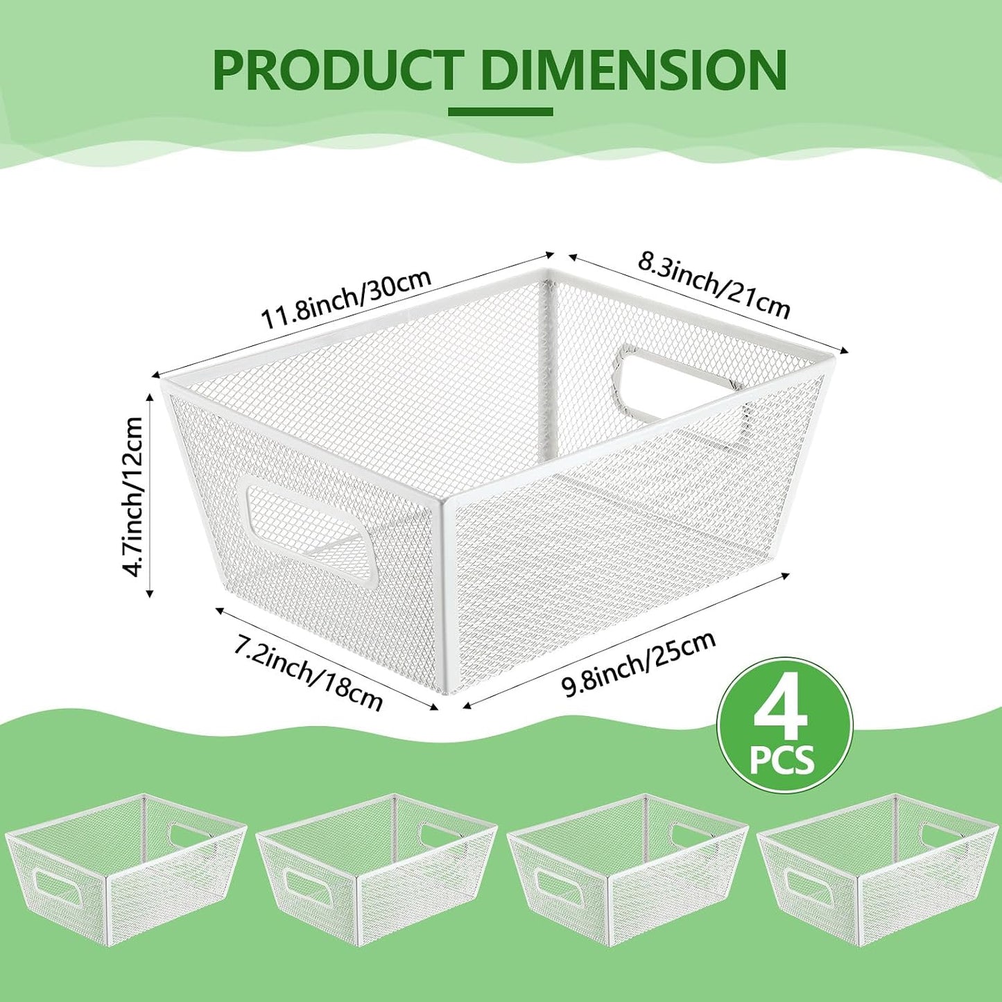 Maxdot 4 Pcs Wire Storage Basket with Handle Metal Baskets Wire Mesh Pantry Organizers for Cabinet Kitchen, Laundry, Bathroom Makeup Snacks Containers(White)