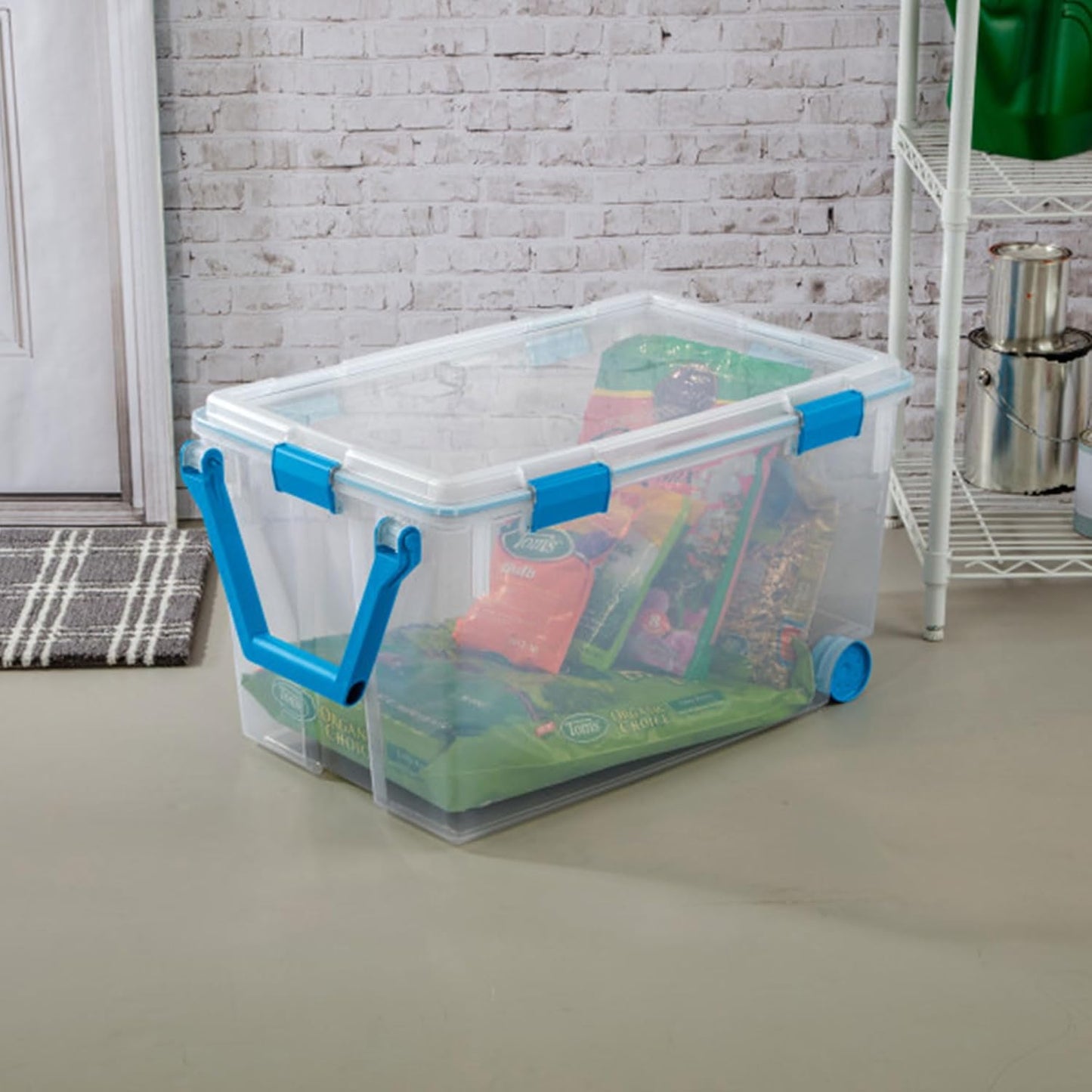 Sterilite 80 Qt Gasket Box, Stackable Storage Bin with Latching Lid and Tight Seal, Plastic Container to Organize Basement, Clear Base and Lid, 1-Pack