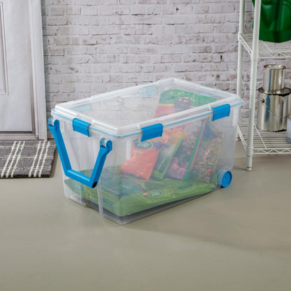 Sterilite 80 Qt Gasket Box, Stackable Storage Bin with Latching Lid and Tight Seal, Plastic Container to Organize Basement, Clear Base and Lid, 1-Pack