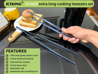JETKONG 2 Pcs 12-Inch Kitchen Tweezers Fine Tweezer Tongs, Extra-Long Stainless Steel Cooking Tweezers (Silver)