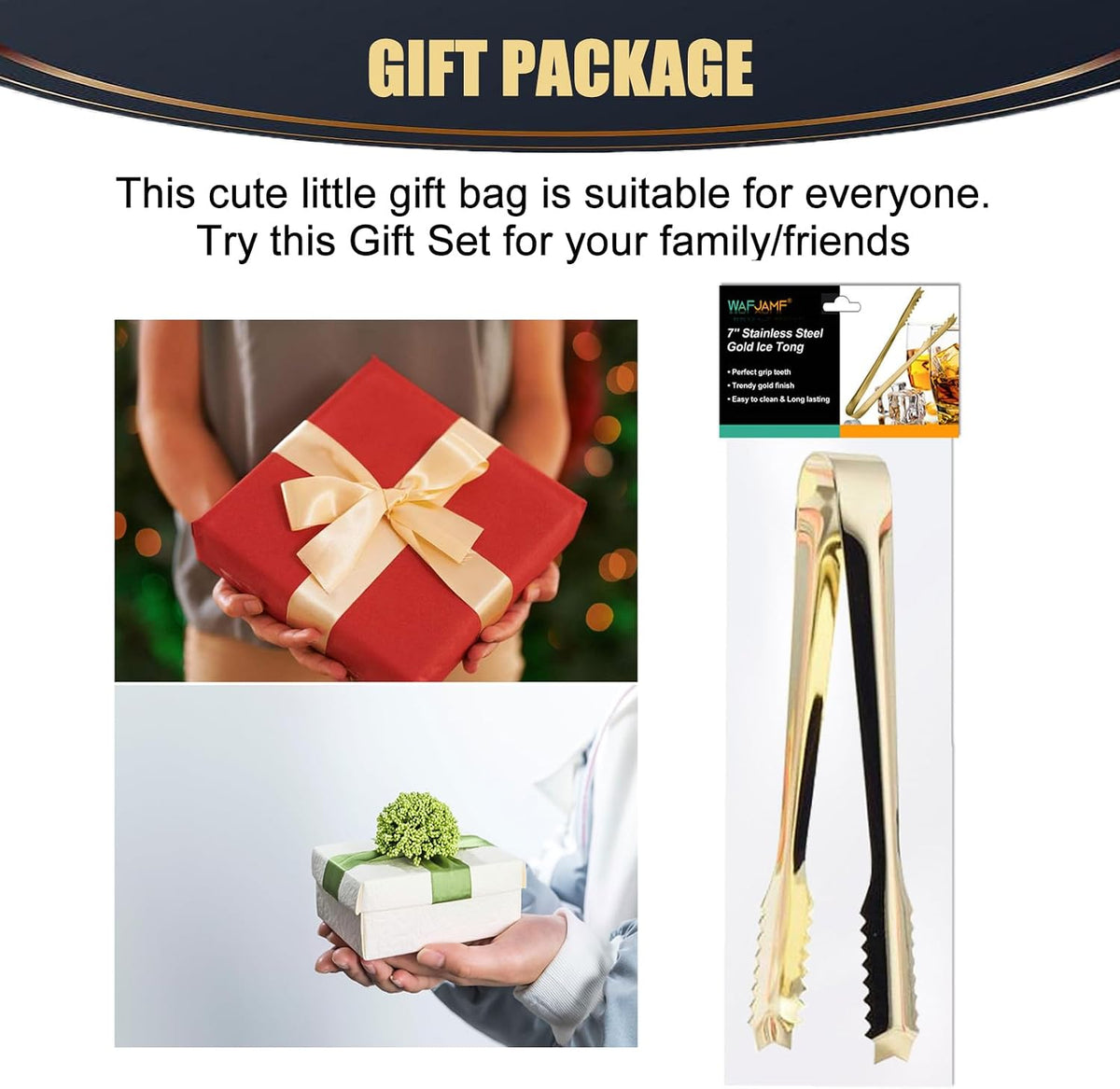 WAFJAMF 7‘’Gold Ice Tongs, 304 Stainless Steel Serving Tong for Ice Bucket