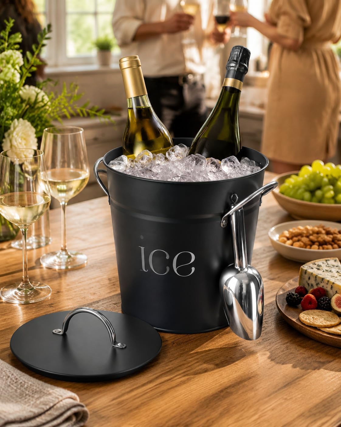 3Qt Black Galvanized Ice Bucket with Lid, Scoop & Handles - Ideal for Cocktails, Parties, BBQs, Wine & Champagne. Double-Layer Insulated Outer & Galvanized Inner Layer, Perfect for Home & Outdoor Use