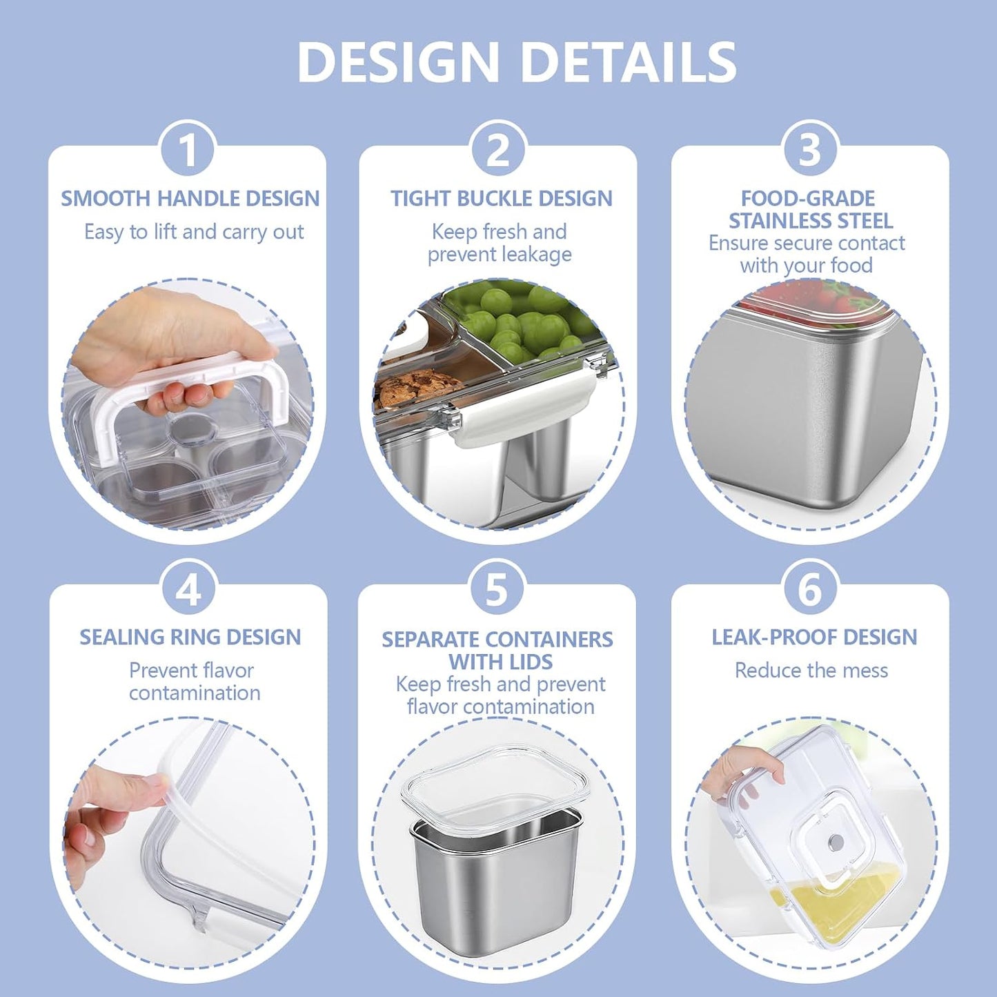 Snackle Box Container with 8 Removable Stainless Steel Containers – Clear Divided Serving Snack Tray with Lid & Handle – Leak-Proof for Wet/Dry Food – Perfect for Parties, Travel, Office