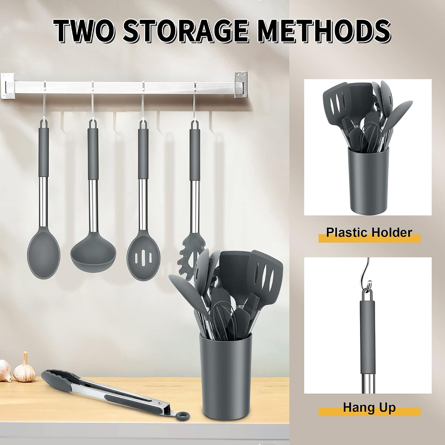 E-far Silicone Cooking Utensils Set, 7 Pcs Heat Resistant Kitchen Utensils with Stainless Steel Handle, Slotted Turner, Spoon, Soup Ladle, Pasta Server, Skimmer, Tongs for Nonstick Cookware, Black