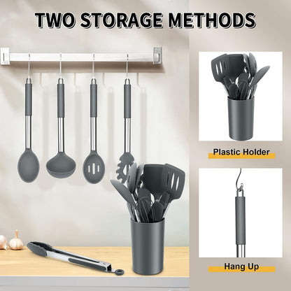 E-far Silicone Cooking Utensils Set, 7 Pcs Heat Resistant Kitchen Utensils with Stainless Steel Handle, Slotted Turner, Spoon, Soup Ladle, Pasta Server, Skimmer, Tongs for Nonstick Cookware, Black
