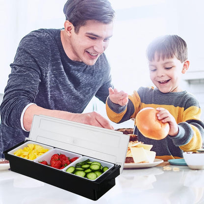Ice Cooled Condiment Serving Container-6 Compartment Chilled Garnish Tray Bar Caddy with Hinged Lid (6 Compartments)