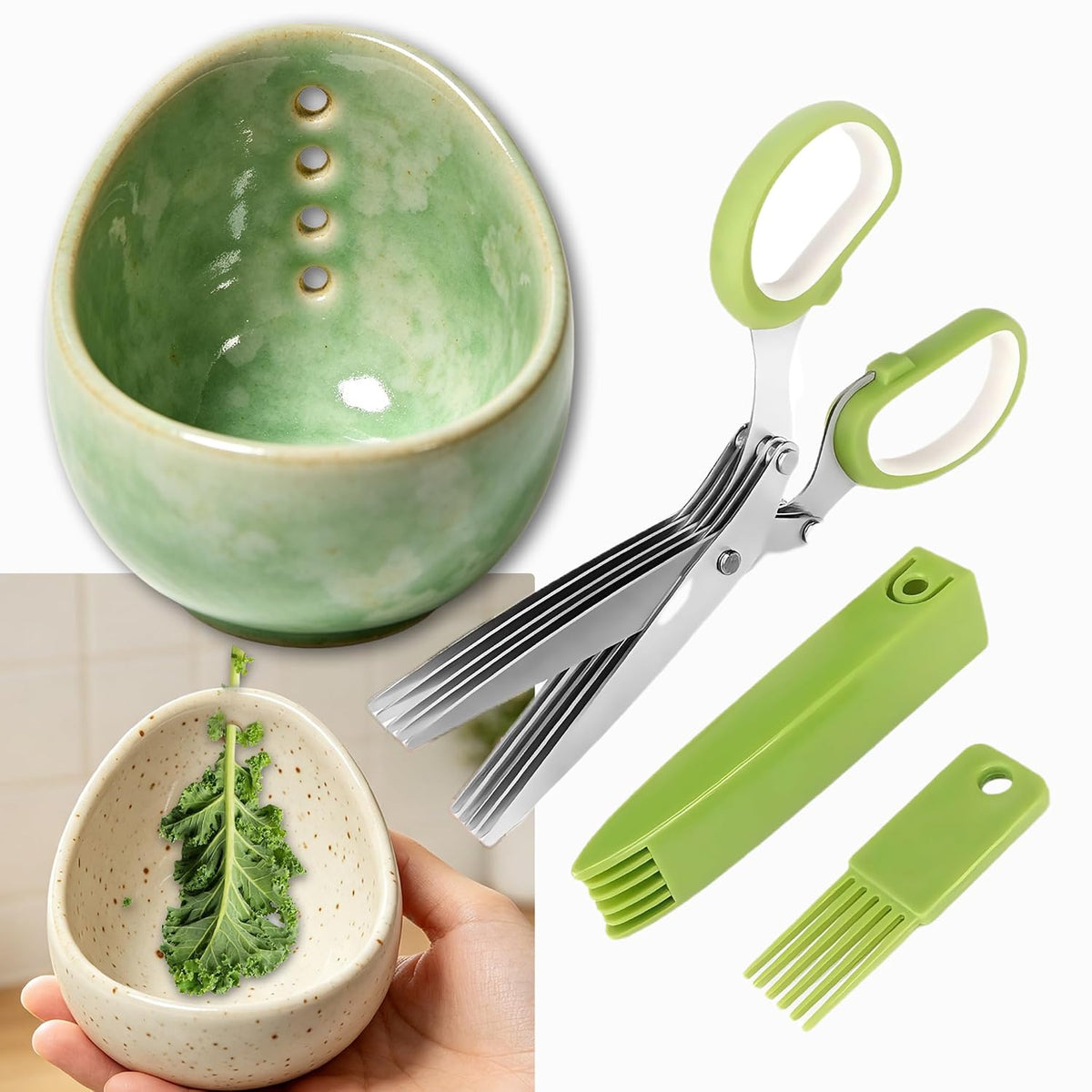 2026 Latest Herb Stripper Pottery Bowl Cutter Tool: Stripping Ceramic Fresh Herbs Kale Striper Cilantro Cutting Razor Gifts Herbalists Peeler Shredder Chopper Clay Copper Small Cup Grater (Green B)