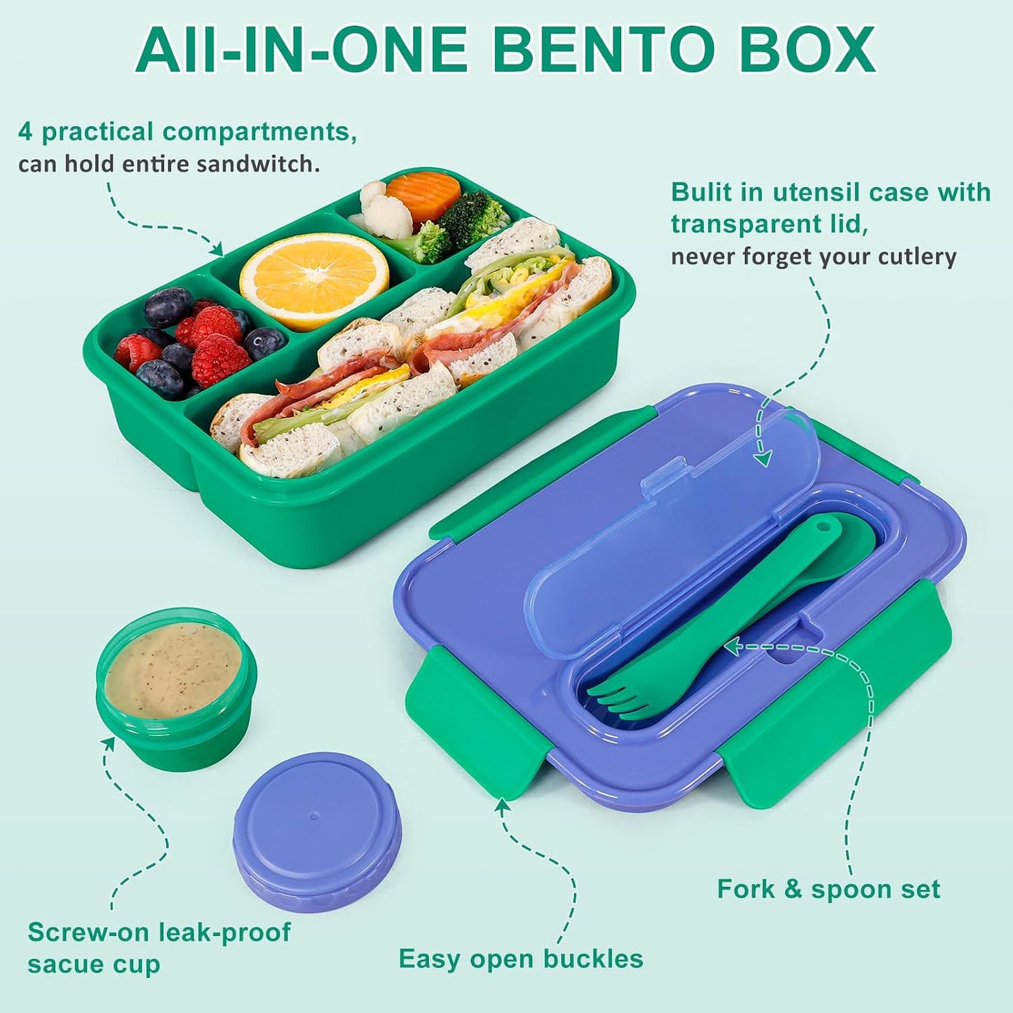 Caperci Bento Box for Kids - 50oz Larger Lunch Box Containers for Kids, Reinforced Leakproof, Built-in Sauce Cup, Utensils, 4 Compartments, BPA-Free Microwave & Dishwasher Safe (Lavender Pop)