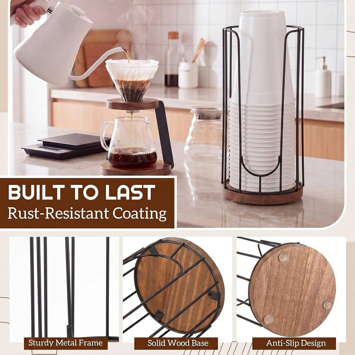 Geelin 18oz Adjustable Coffee Cup Dispenser with Wooden Base, Cup and Lid Holder, Cups Holder Organizer for Coffee Pod Straw and Lid Storage(2-compartment Single,Color 2)