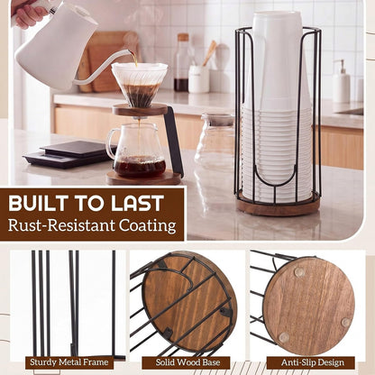 Geelin 18oz Adjustable Coffee Cup Dispenser with Wooden Base, Cup and Lid Holder, Cups Holder Organizer for Coffee Pod Straw and Lid Storage(2-compartment Single,Color 2)