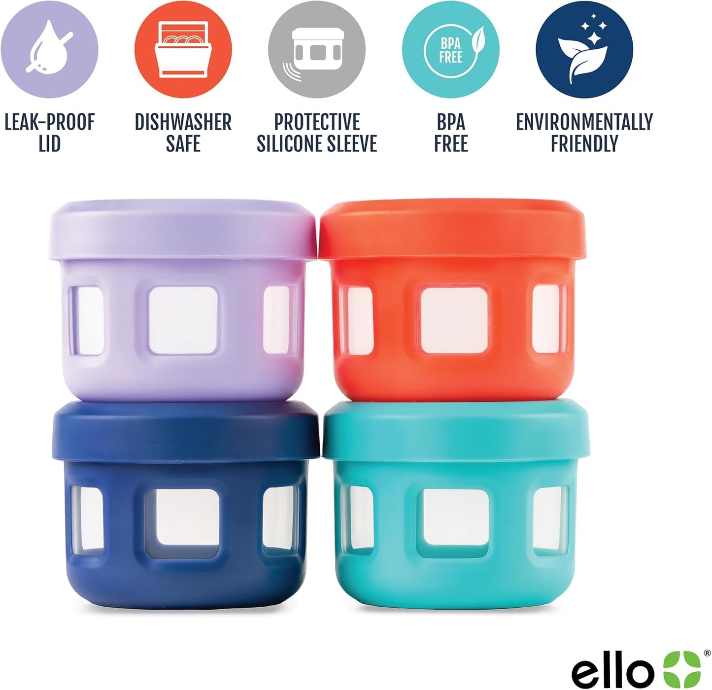 Ello Reusable Condiment Containers 4oz each with Screw-on Leak Proof Lid | Perfect for Salad Dressing Sauce Dips Lunchbox Picnic Travel Bento Box | BPA-Free | Dishwasher Safe