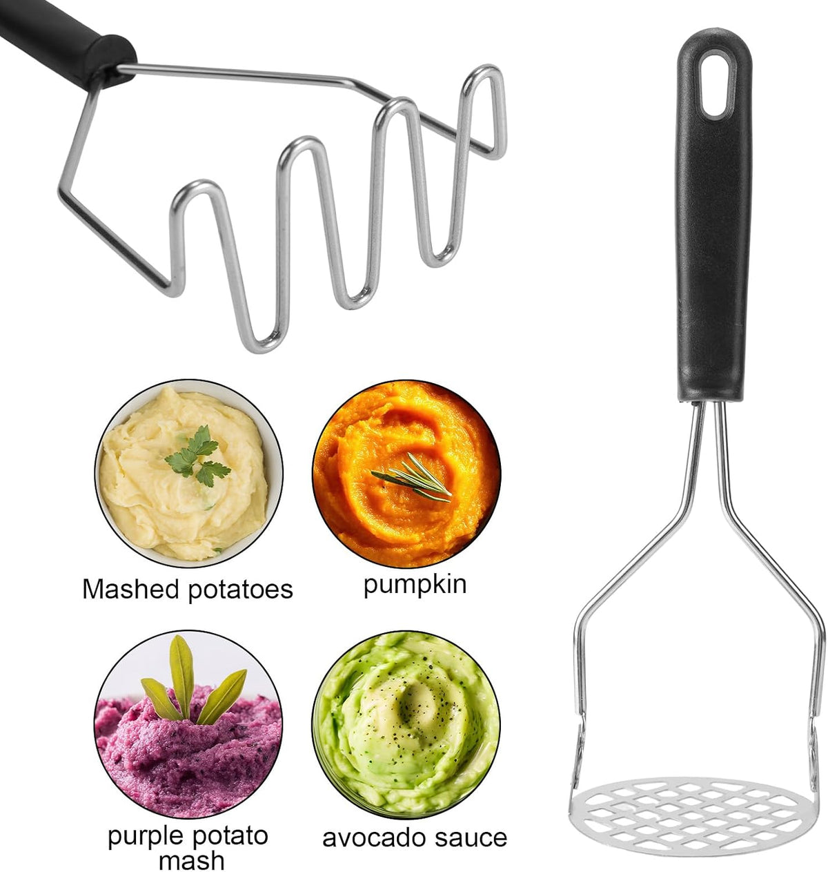 3pcs Potato Masher Tool, Stainless Steel Wavy and Round Mashed Potato Smasher with Paring Knife Masher Kitchen Tool for Avocado Vegetables Meat Beans
