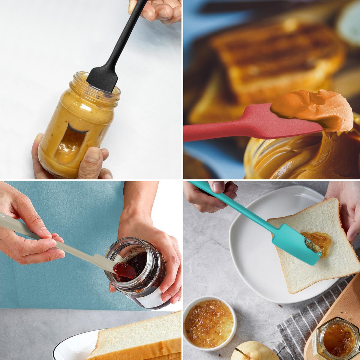 VOVOLY Silicone Jar Spatulas, Long Handle Jar Spatulas, 600ºF Heat Resistant Small Spatula, Seamless Design, Stainless Steel Core, BPA Free Spoonula (3, Mixed)