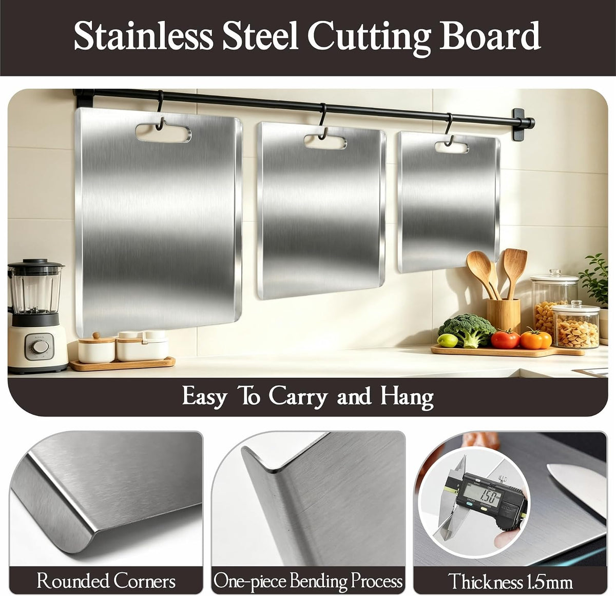 Stainless Steel Cutting Board with Lip, 3PCS Cutting Boards for Kitchen Set