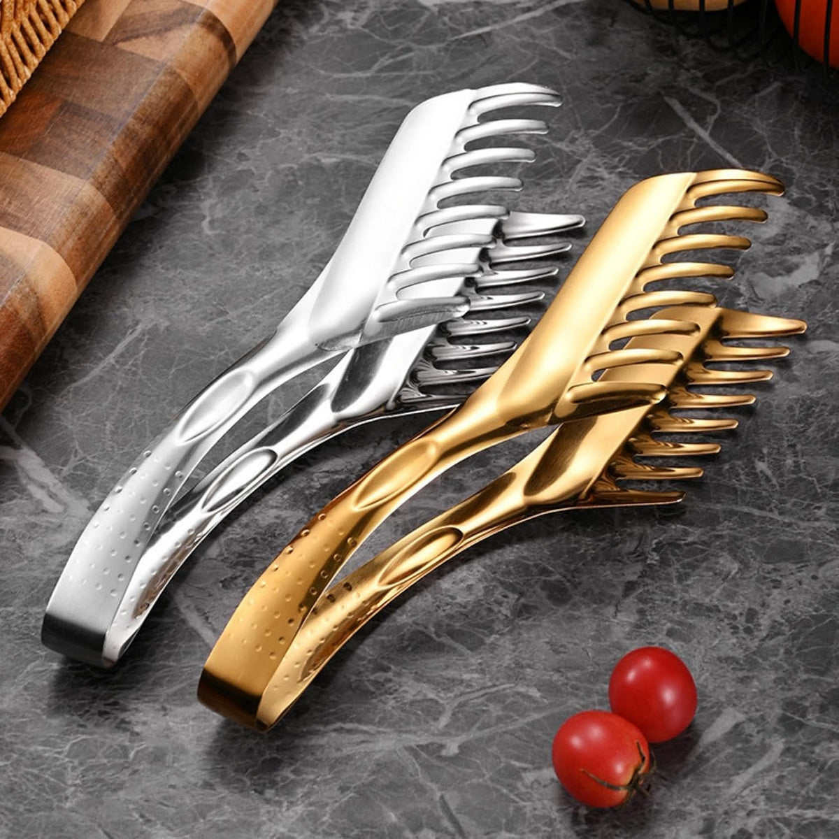 Pasta Tongs,spaghetti tongs,Stainless Steel Kitchen Utensil for Spaghetti, Lasagna, Salad & Sliced Foods, Serrated Tips for Easy Lifting, Secure Grip & Draining (Gold)