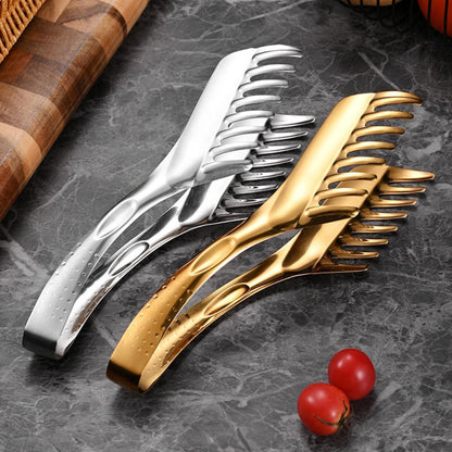 Pasta Tongs,spaghetti tongs,Stainless Steel Kitchen Utensil for Spaghetti, Lasagna, Salad & Sliced Foods, Serrated Tips for Easy Lifting, Secure Grip & Draining (Gold)