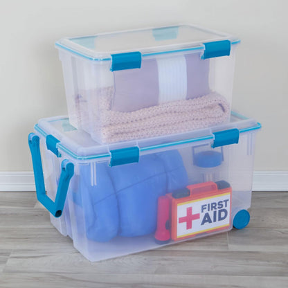 Sterilite 80 Qt Gasket Box, Stackable Storage Bin with Latching Lid and Tight Seal, Plastic Container to Organize Basement, Clear Base and Lid, 1-Pack