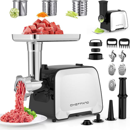 Electric Meat Grinder, 2000W Max Sausage Stuffer Maker, Vegetable Cheese Grater with 3 Shredder Slicer Blades, 2 Blades, 3 Plates, Sausage Tube, 2 Meat Claws, Burger Press & Kubbe Kit
