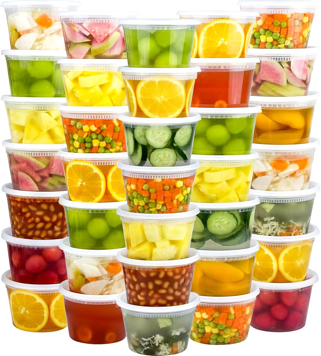 Dipoo 60 Sets (120-Piece) Deli Containers with Lids, 32/16/8 oz X 20 Set Each, Leak-Proof & BPA Free Airtight Takeout Plastic Food Storage Containers for Soup, Freezer/Microwave/Dishwasher Safe