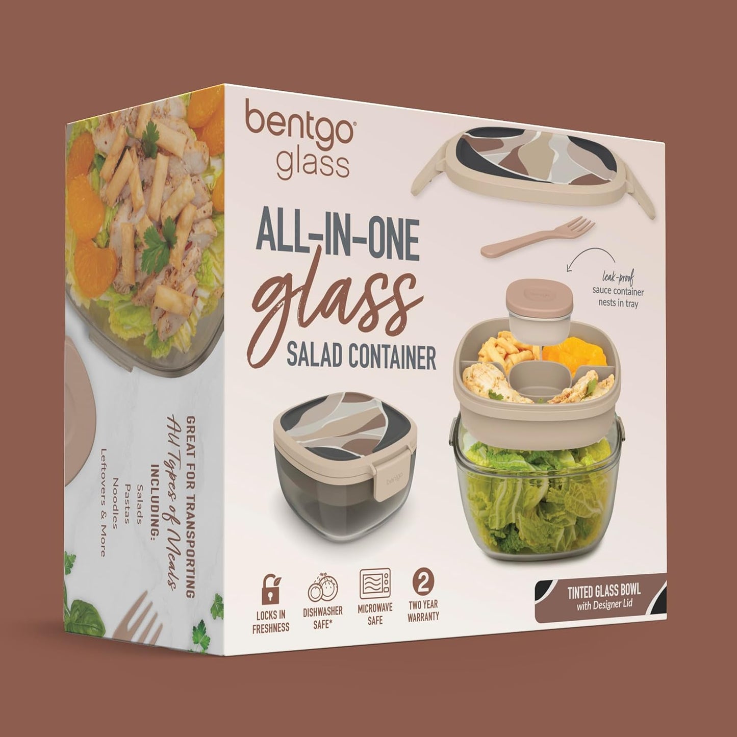 Bentgo Glass Salad Container - 7.6-Cup Salad Bowl with Airtight Lid, Leak-Proof Sauce Container, 4-Compartment Bento Tray & Reusable Fork - BPA-Free for Meal Prep, Office & More (Light Blue)