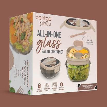 Bentgo Glass Salad Container - 7.6-Cup Salad Bowl with Airtight Lid, Leak-Proof Sauce Container, 4-Compartment Bento Tray & Reusable Fork - BPA-Free for Meal Prep, Office & More (Light Blue)