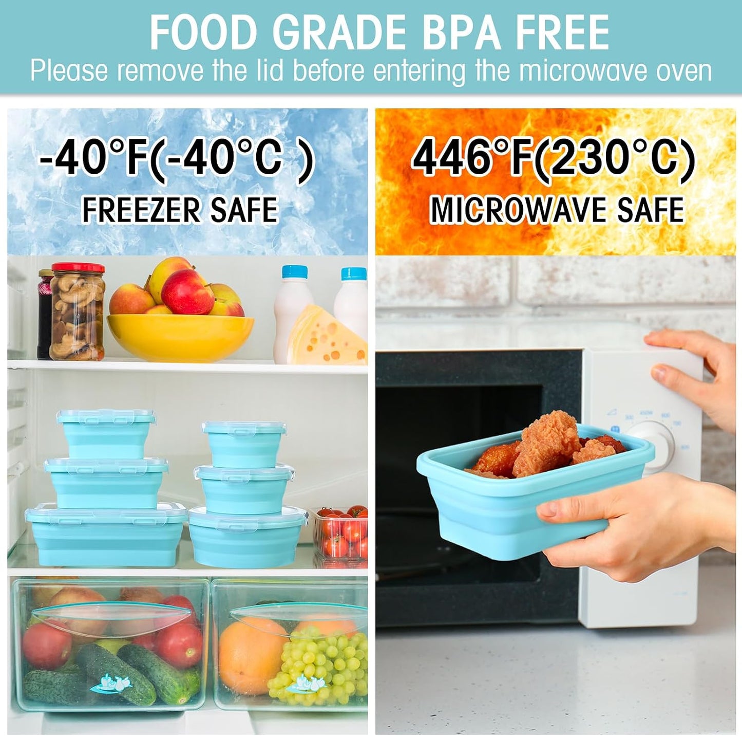 Yaomiao 16 Pack Collapsible Food Storage Containers with Lid Foldable 8 Pcs Rectangle Storage Bowl and 8 Pcs Round Silicone Food Bow for Lunch Rv Accessories Microwave Freezer Safe(Gray, Blue)
